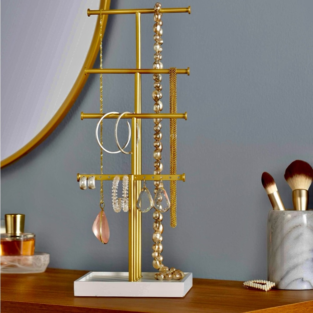 New in Box 4 Tier Jewelry Stand Jewelry Tree - Brass / White